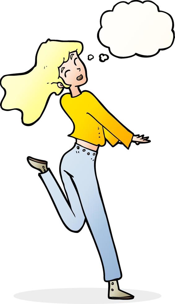 cartoon happy girl kicking out leg with thought bubble vector
