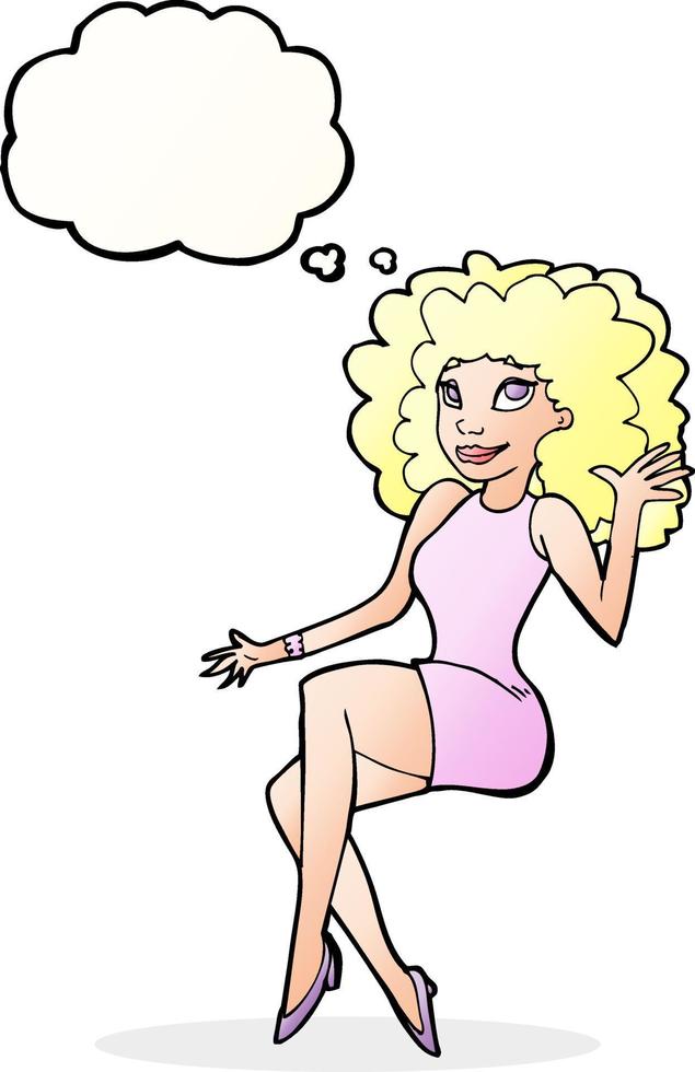 cartoon sitting woman waving with thought bubble vector
