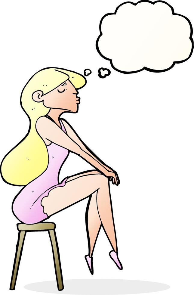 cartoon woman sitting on stool with thought bubble vector