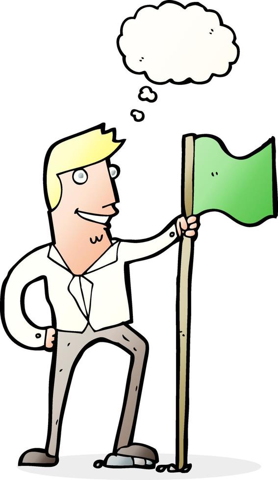 cartoon man planting flag with thought bubble vector