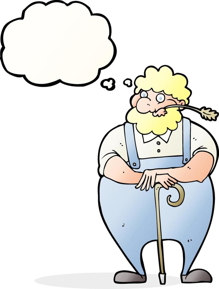 granjero de dibujos animados apoyado en un bastón con burbuja de pensamiento vector