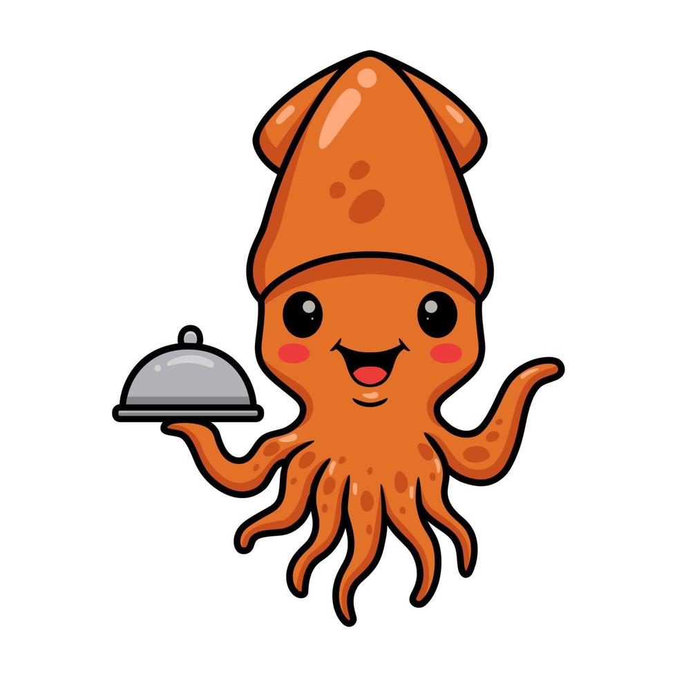 Cute little squid cartoon serving food in a sliver platter vector