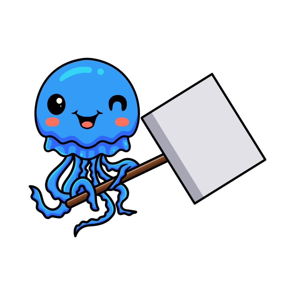 Cute little jellyfish cartoon with blank plank sign vector