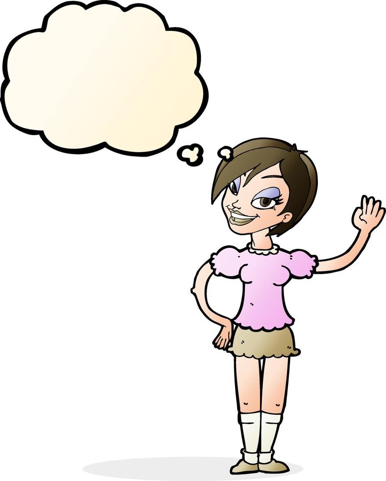 cartoon waving woman with thought bubble vector