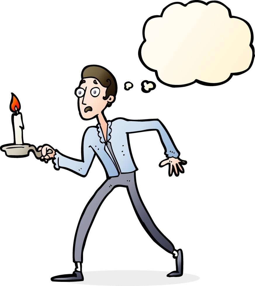 cartoon frightened man walking with candlestick with thought bubble vector