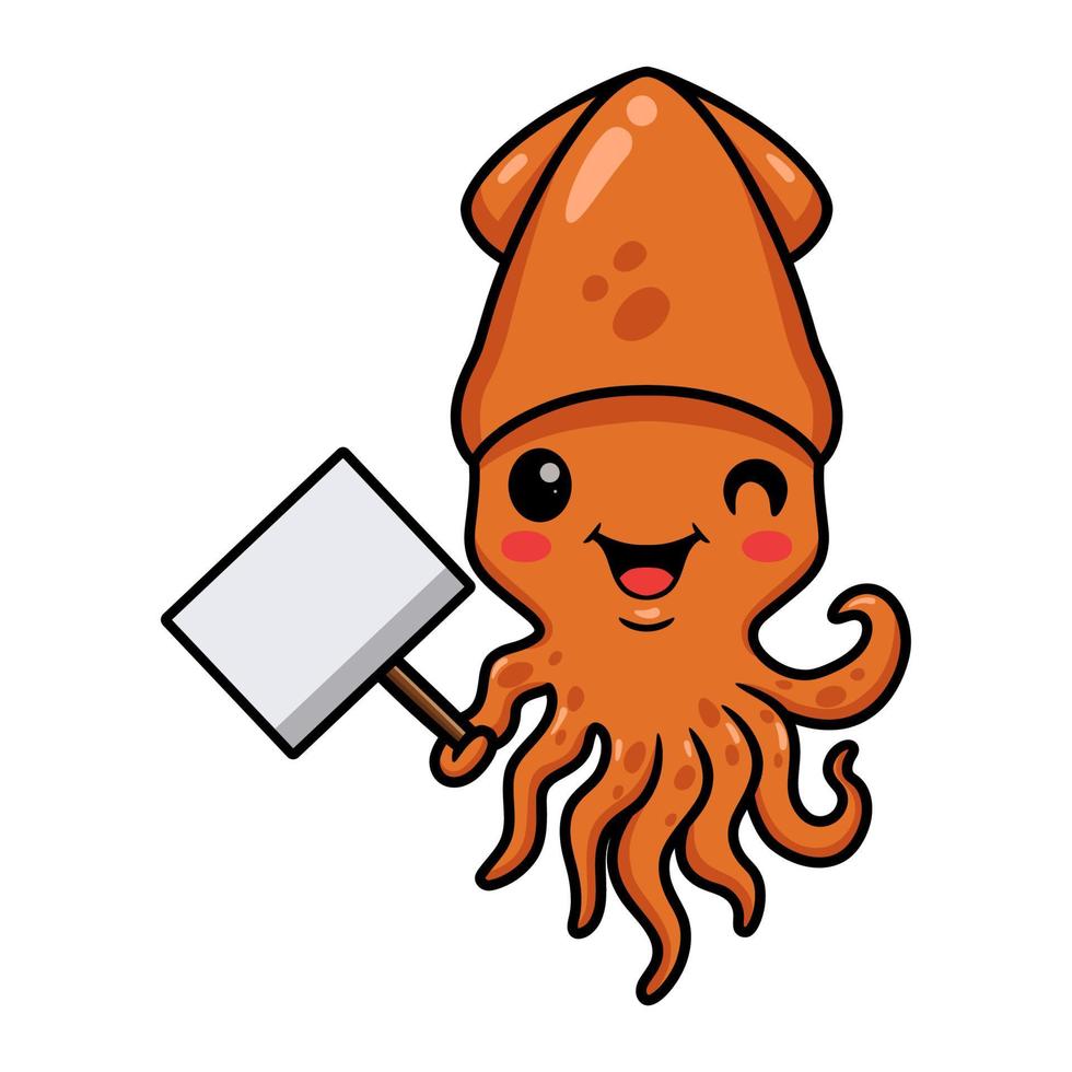 Cute little squid cartoon with blank plank sign vector