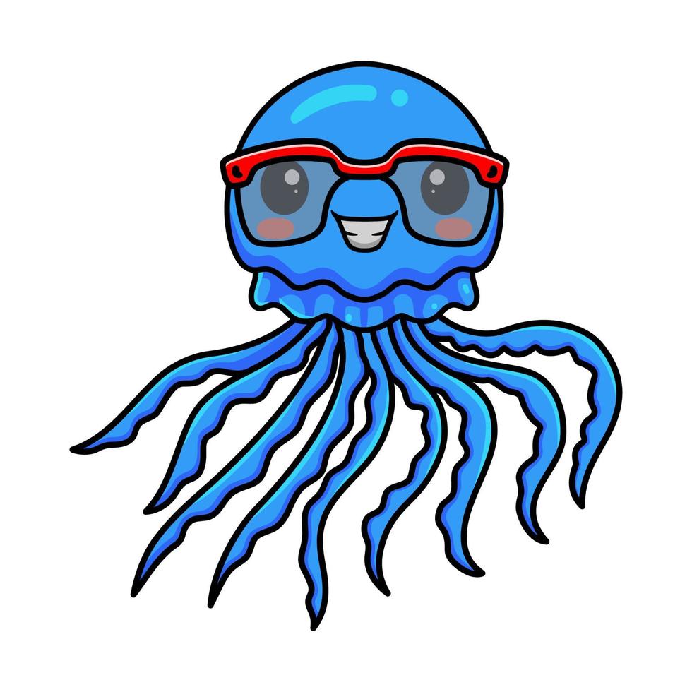 Cute blue little jellyfish cartoon with glasses vector