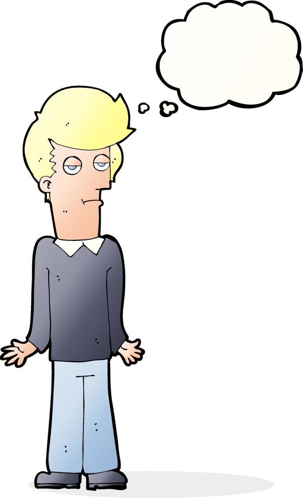 cartoon bored man shrugging shoulders with thought bubble vector