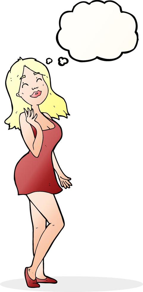 cartoon pretty woman in cocktail dress with thought bubble vector