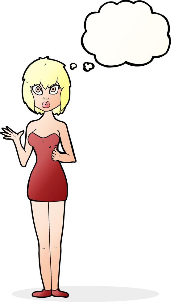 cartoon confused woman in cocktail dress with thought bubble vector