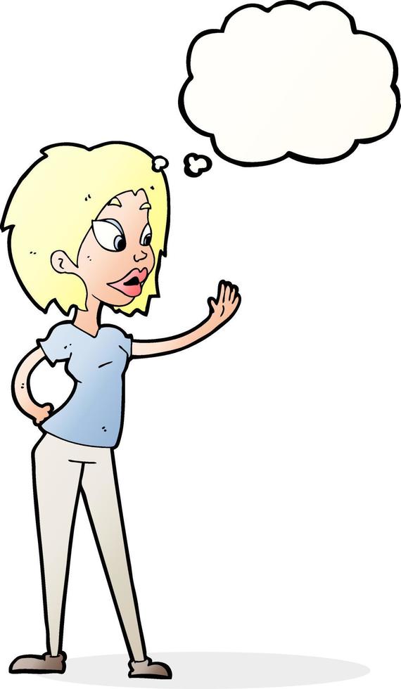 cartoon woman waving with thought bubble vector