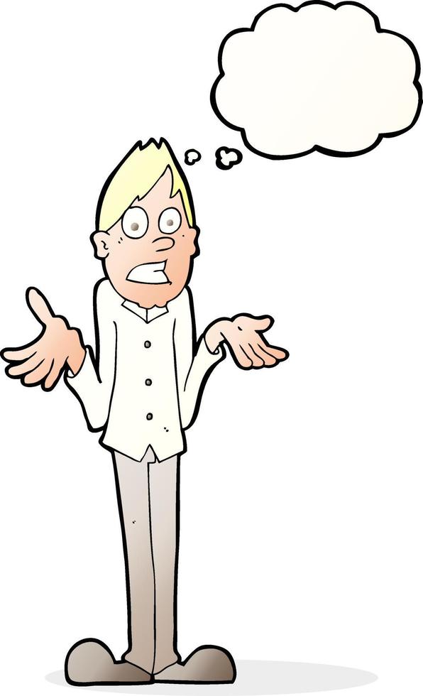 cartoon man shrugging shoulders with thought bubble vector