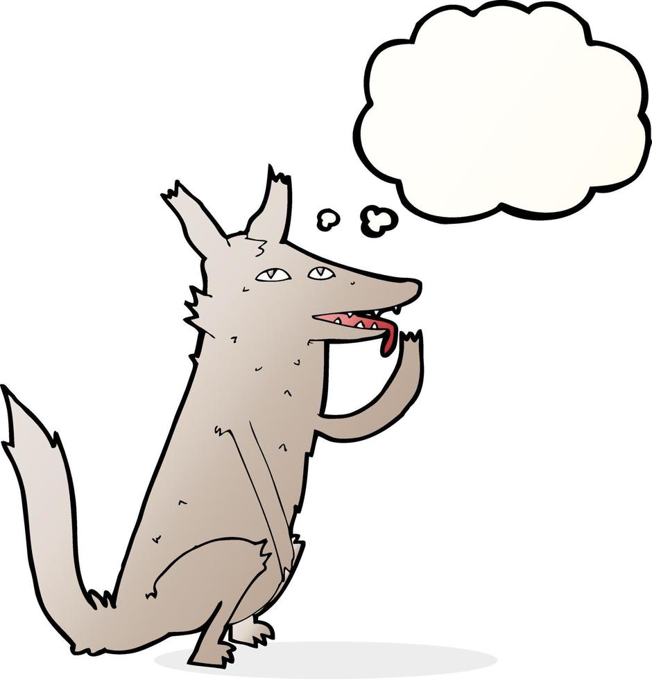 cartoon wolf licking paw with thought bubble vector