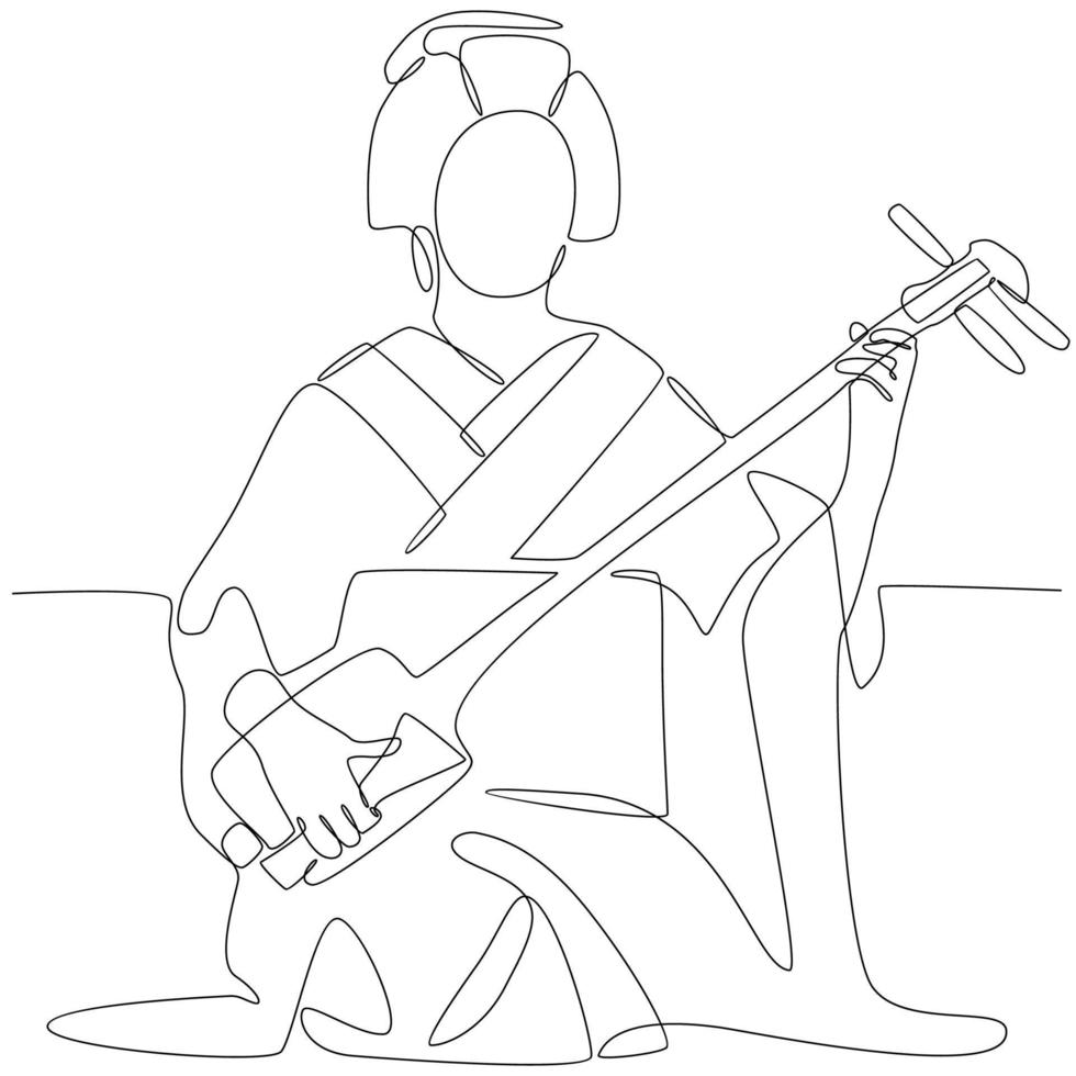 mujer con kimono tocando el instrumento musical tradicional japonés shamisen dibujo de línea continua vector