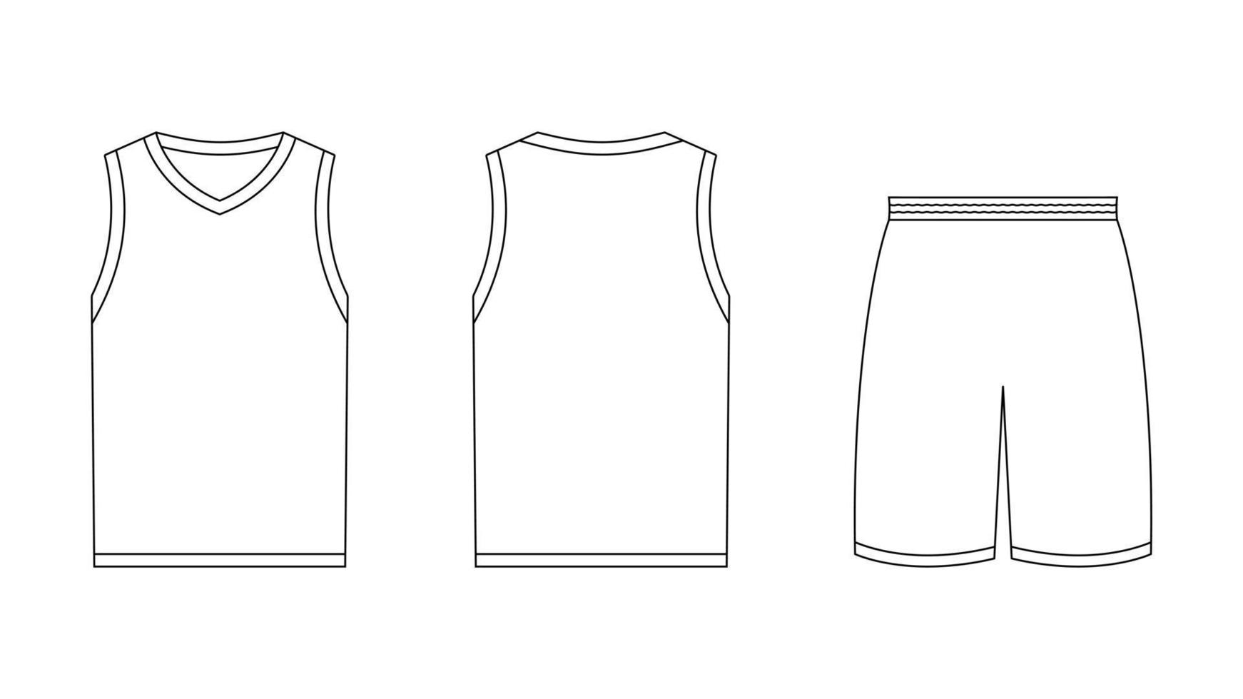 Sleeveless sports tshirt and shorts template. Front and back view unisex clothing pattern for outdoor activities and basketball practice. Casual stylish simple vector cotton textile