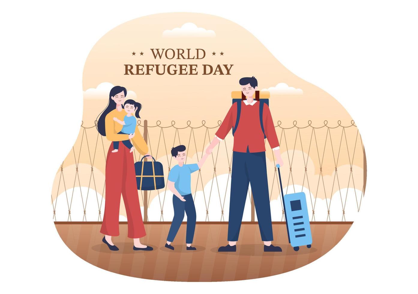 World Refugee Day Template Hand Drawn Cartoon Flat Illustration with Hands, Family and Climb Barbed Wire Fence to Immigrate to Save Place vector