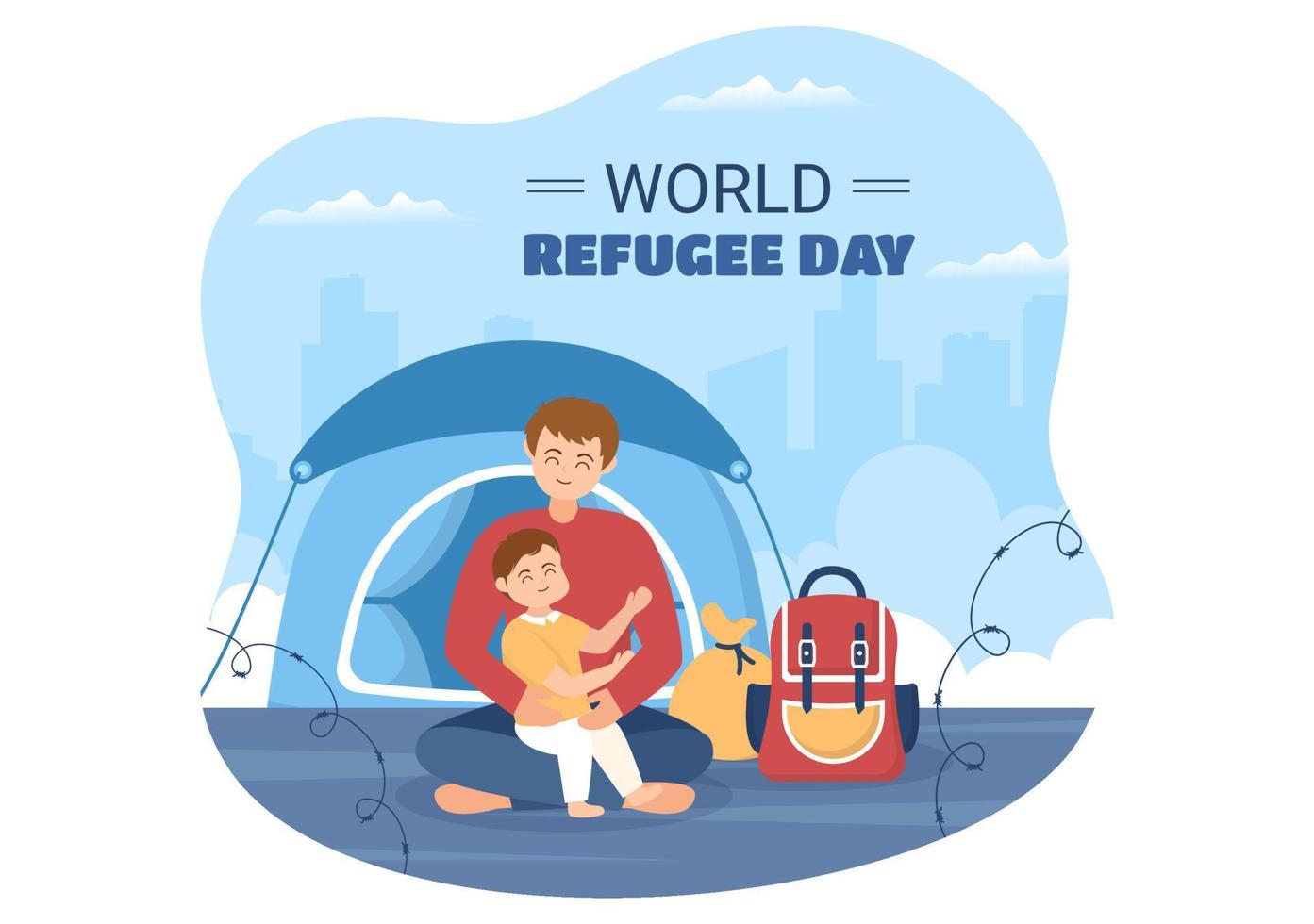 plantilla del día mundial de los refugiados dibujada a mano ilustración plana de dibujos animados con las manos, la familia y escalar la cerca de alambre de púas para emigrar para salvar el lugar vector
