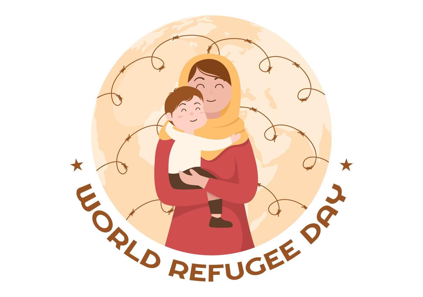 plantilla del día mundial de los refugiados dibujada a mano ilustración plana de dibujos animados con las manos, la familia y escalar la cerca de alambre de púas para emigrar para salvar el lugar vector