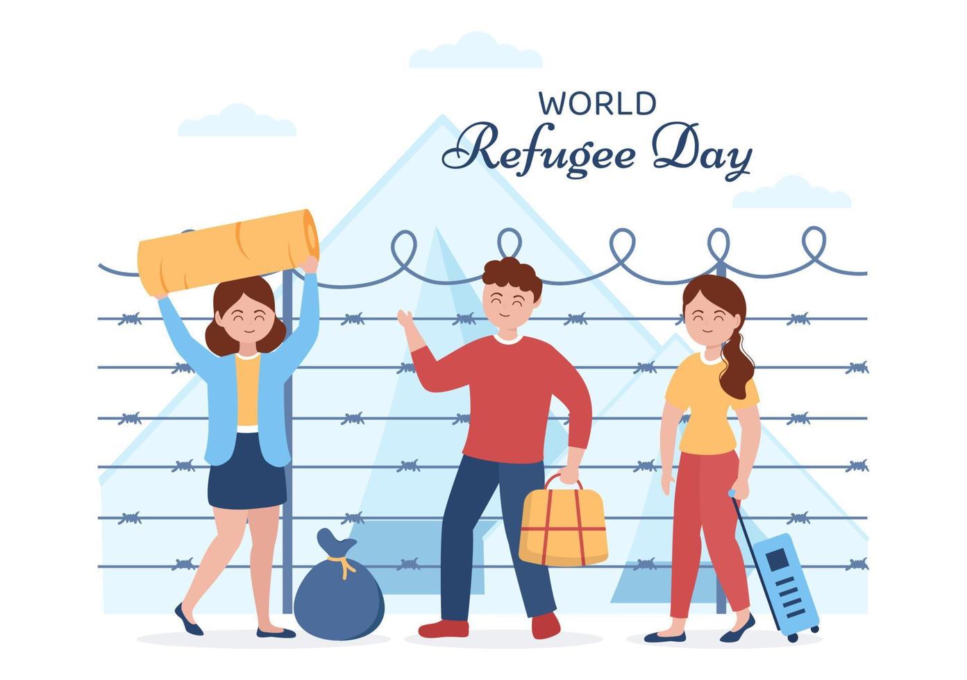 plantilla del día mundial de los refugiados dibujada a mano ilustración plana de dibujos animados con las manos, la familia y escalar la cerca de alambre de púas para emigrar para salvar el lugar vector