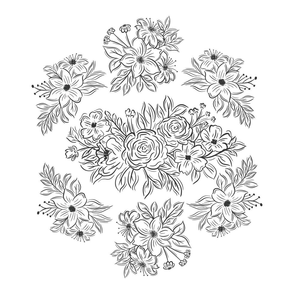 colección de siete ramos de flores dibujadas a mano vector