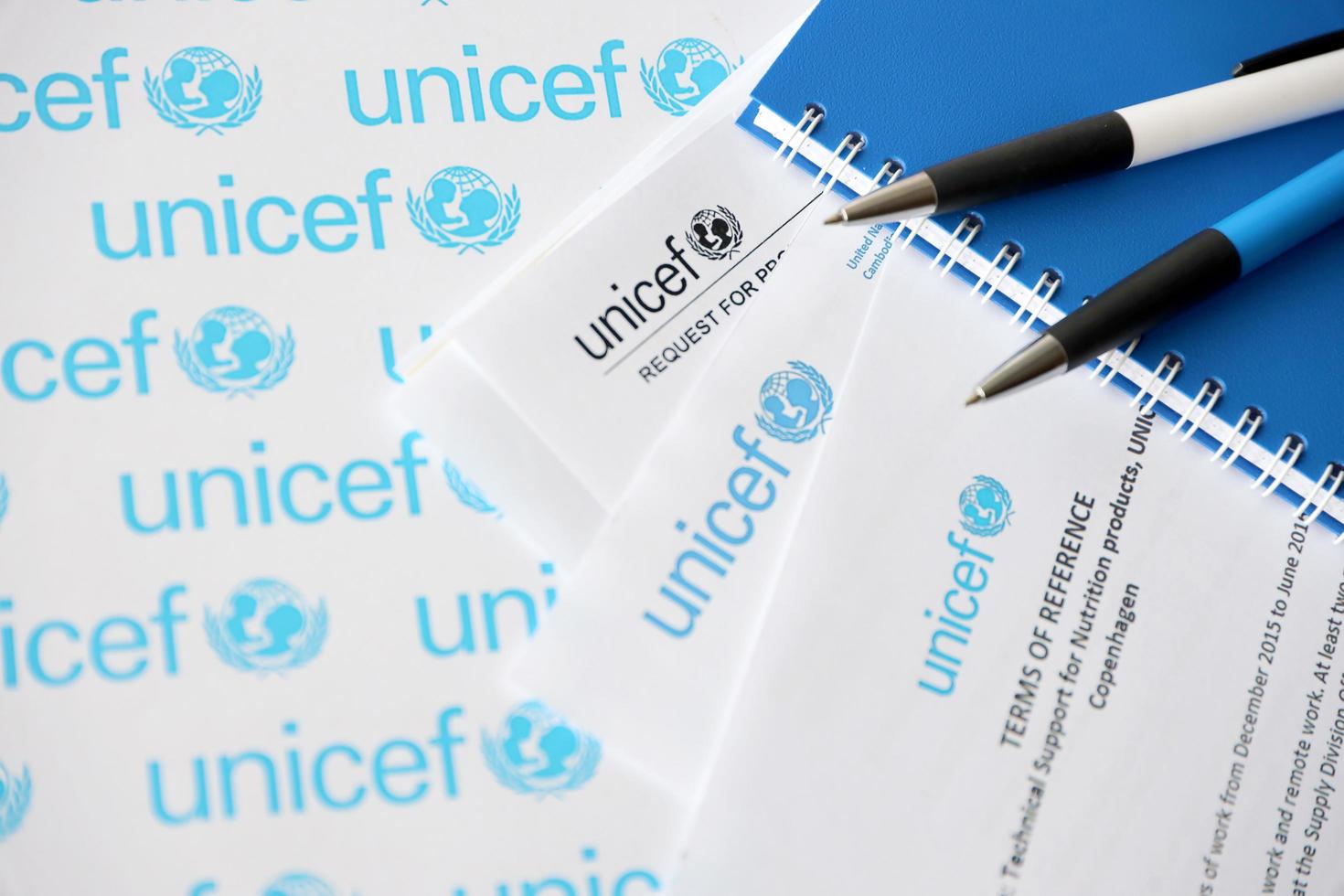 TERNOPIL, UKRAINE - MAY 2, 2022 Request for proposal for services from UNICEF - United Nations programm that provides humanitarian and developmental assistance to children photo