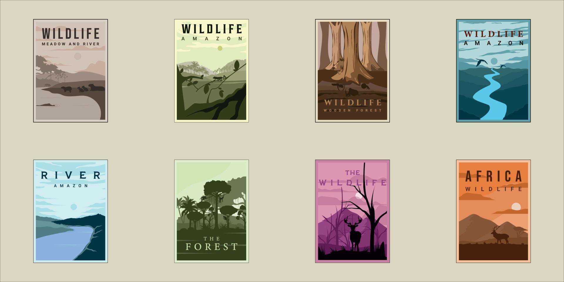 conjunto de diseño gráfico de plantilla de ilustración vectorial minimalista vintage de afiche de vida silvestre. colección de paquetes de varios conceptos de naturaleza al aire libre del bosque en el lago de la selva, el río amazonas y la pradera vector