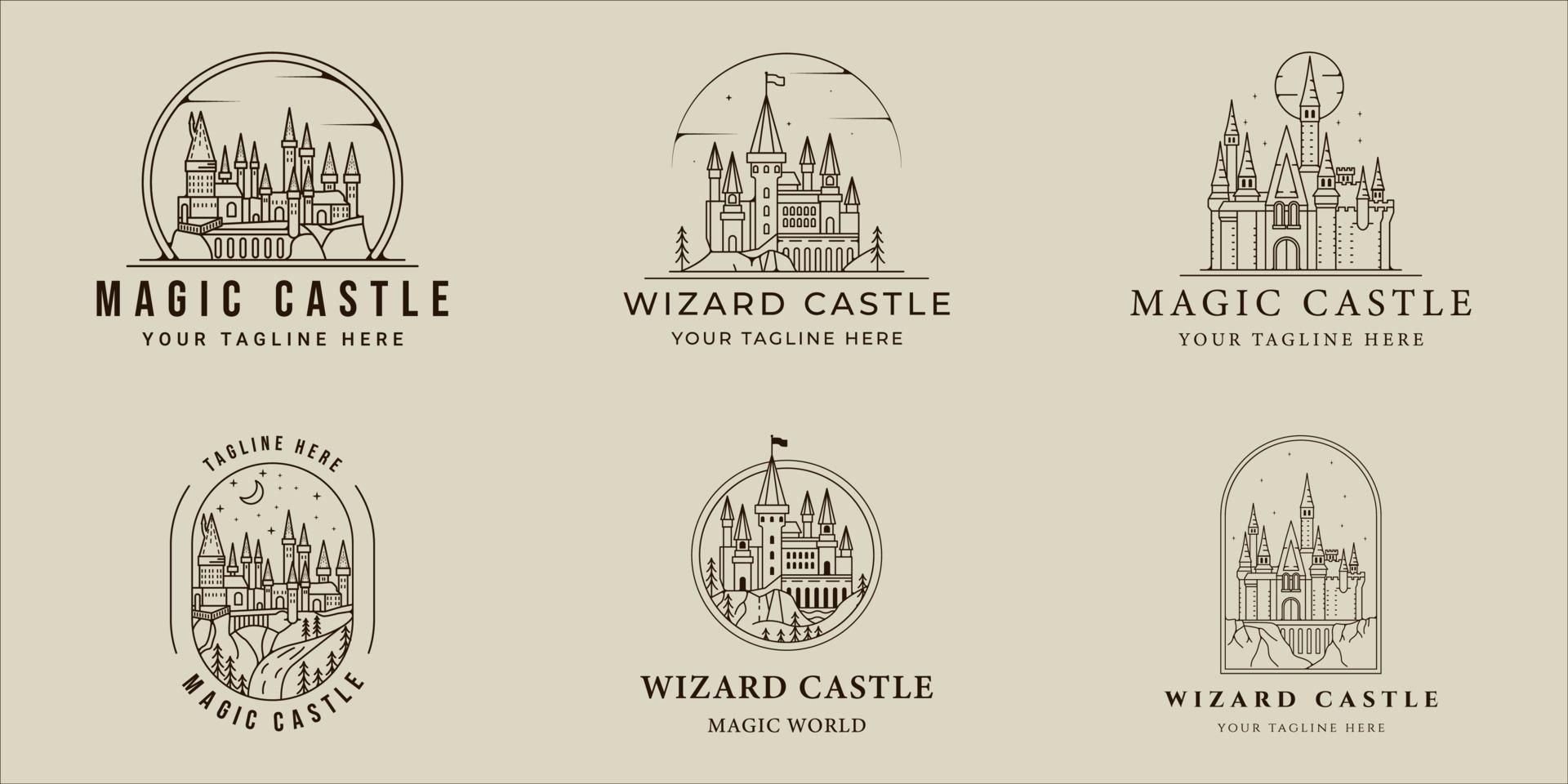 set of castle architecture logo vector line simple illustration template icon graphic design. bundle collection of various building of magic sign or symbol for print apparel t-shirt