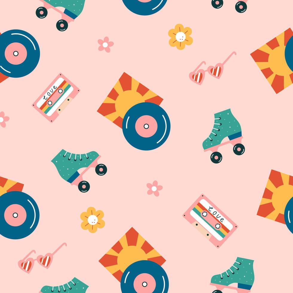 Retro groovy seamless pattern. Vector flat pattern with 60s, 70s elements.