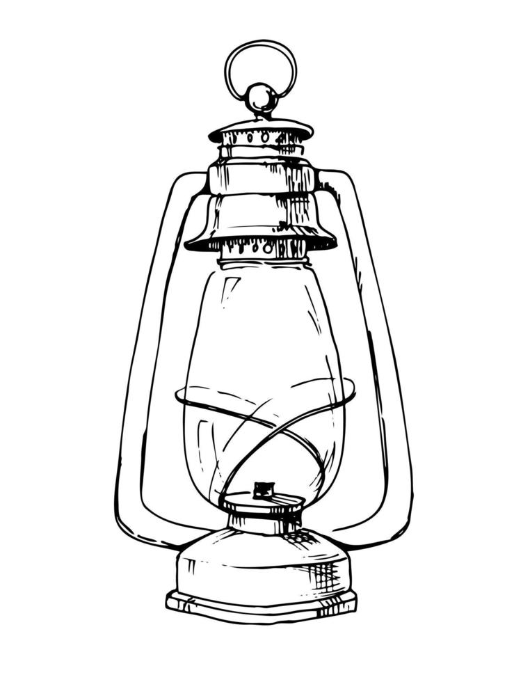 Vintage hand drawn old Lantern. Vector sketch of retro Lamp with kerosene. Engraved illustration