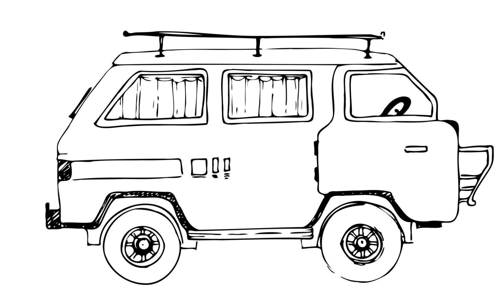 Sketch of Camp Car for family summer travel. Vector hand drawn illustration of vintage bus. Engraving of Caravan on white isolated background