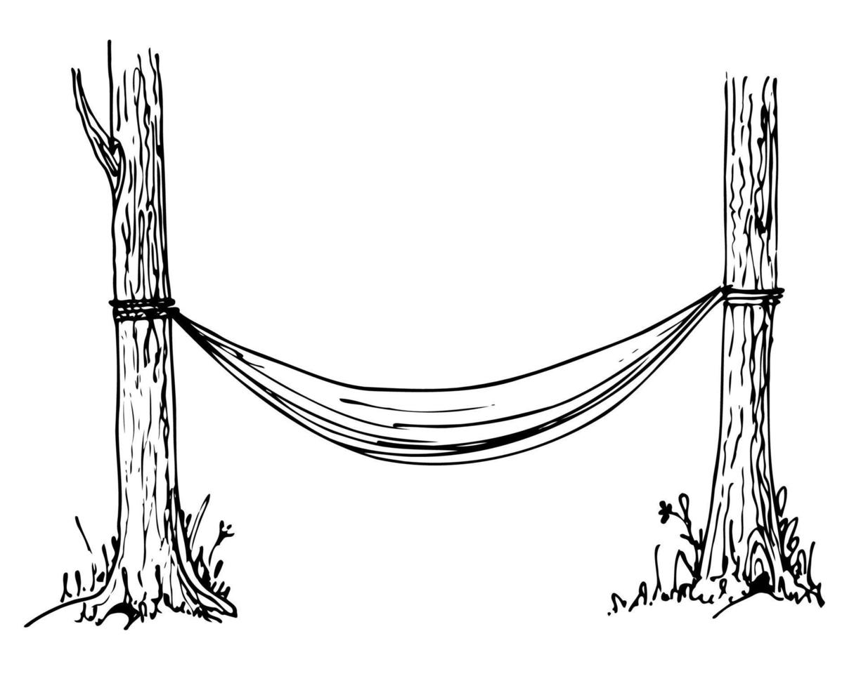 dibujo de hamaca de camping. ilustración vectorial dibujada a mano para viajes de verano. boceto sobre fondo blanco aislado vector