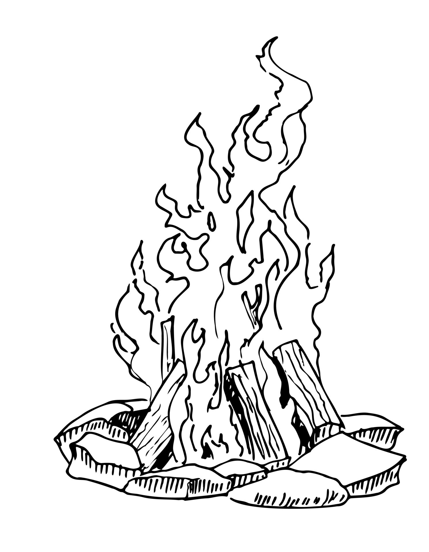 Sketch of a campfire. Hand drawn vector illustration of a Camp Fire in  vintage style. Retro bonfire with a flame for summer tourism in the forest.  Drawing on a white isolated background