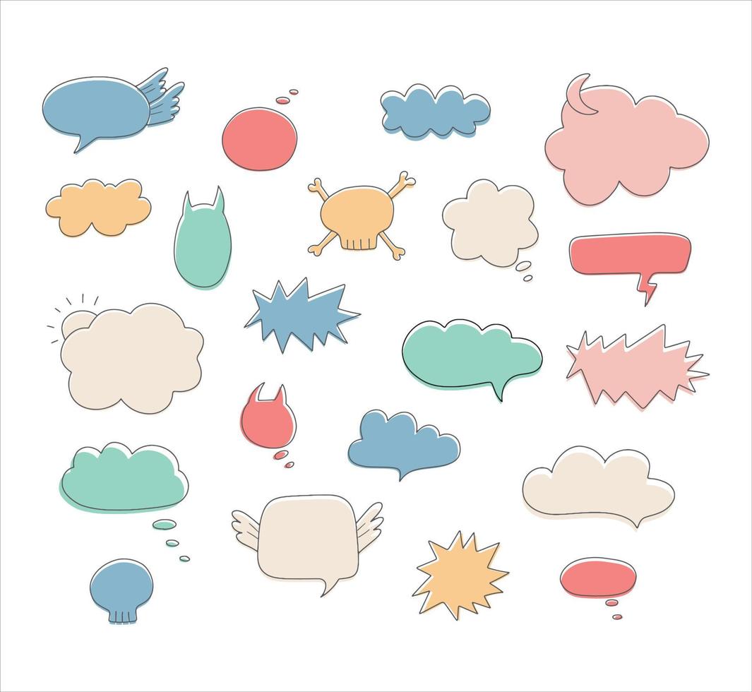 Cute hand drawn colored doodle vector set speech bubbles. Isolated on white background