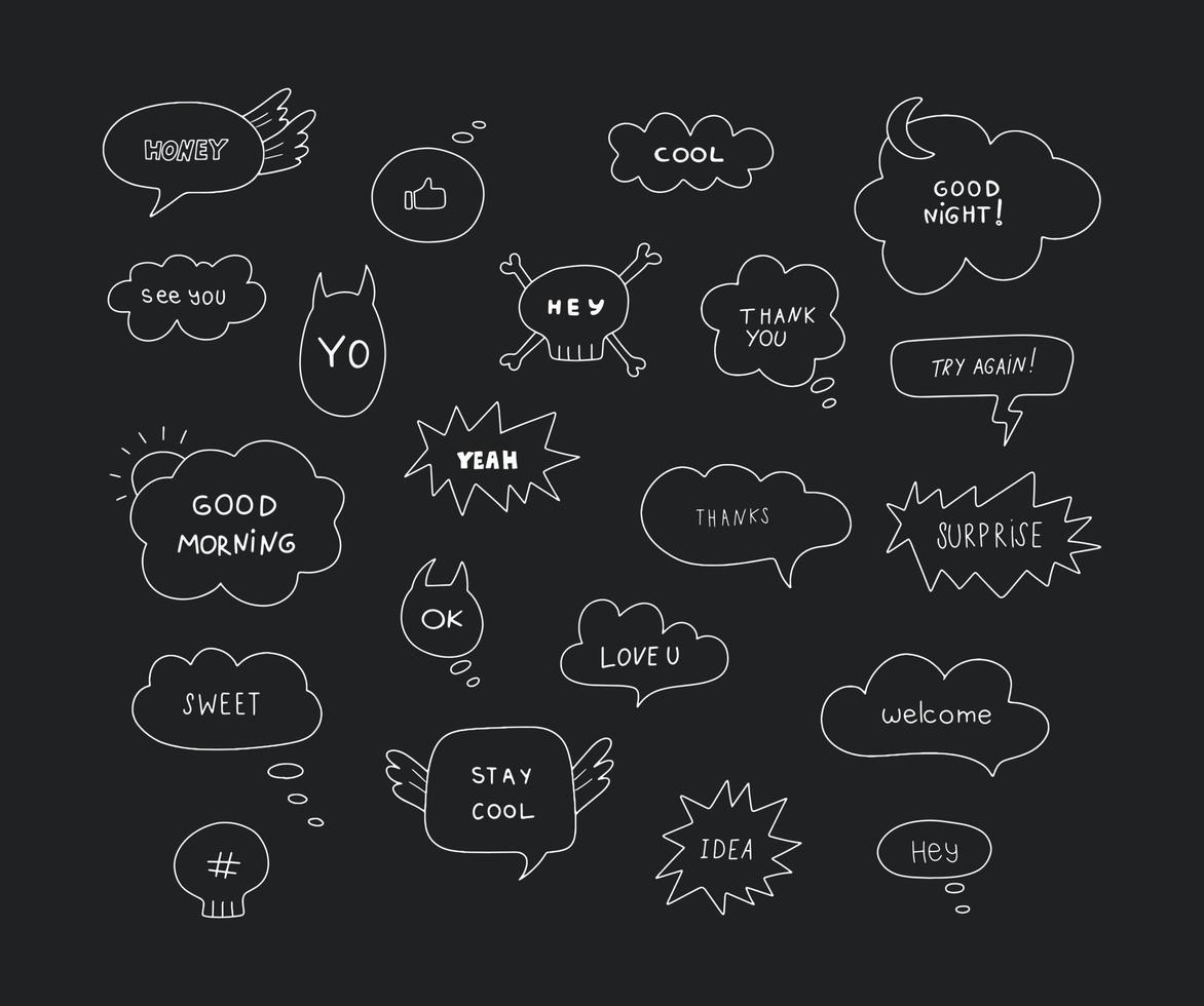 Cute hand drawn doodle vector set speech bubbles with dialog words love, kiss, hug, sweet, honey. Isolated on black background