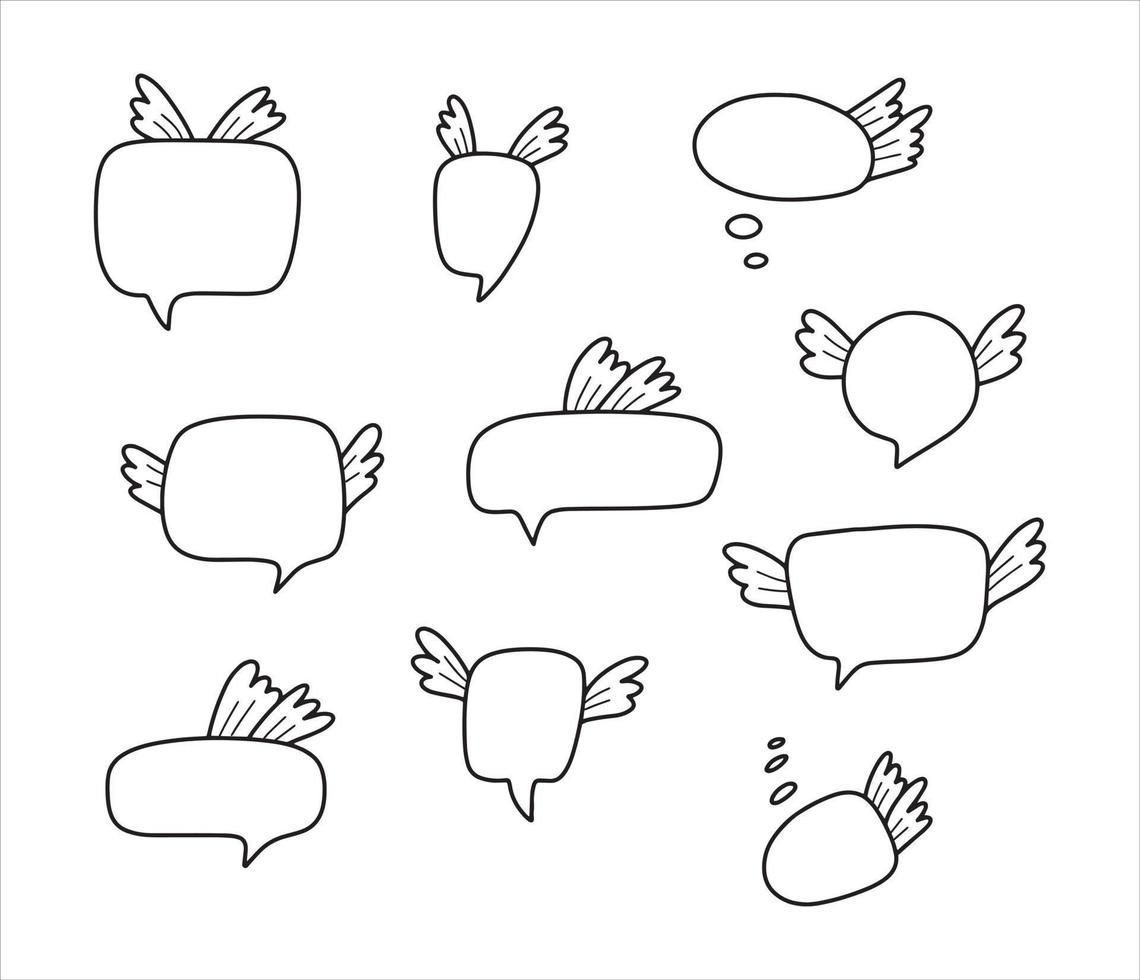 Cute hand drawn doodle vector set speech bubbles with wings. Isolated on white background