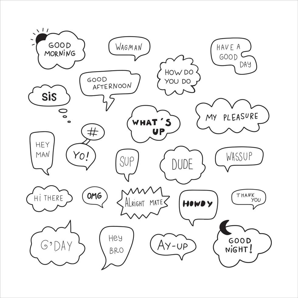 Cute hand drawn doodle vector set speech bubbles with slang greeting words. Isolated on white background