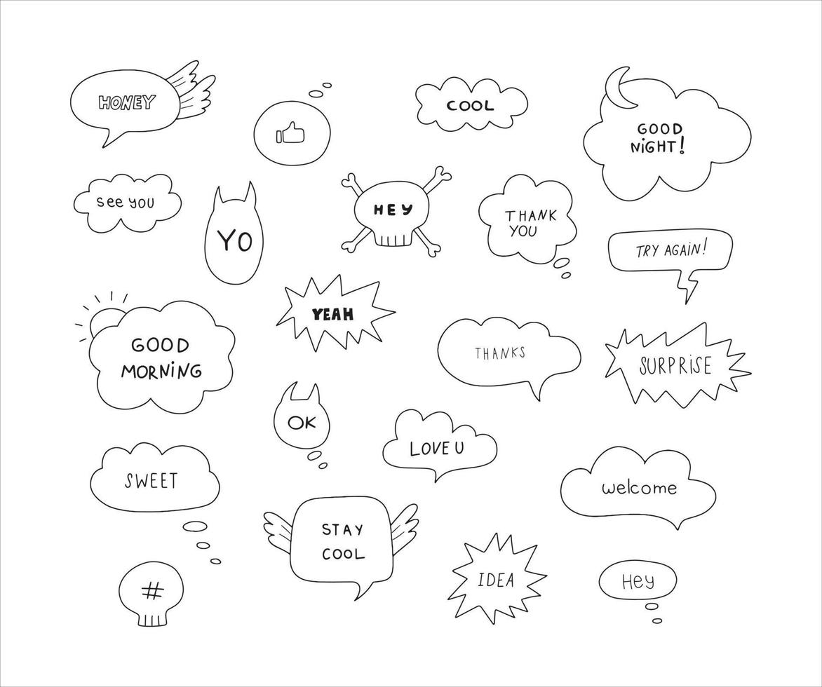 Cute hand drawn doodle vector set speech bubbles with dialog words hey, surprise, welcome, idea, honey. Isolated on white background