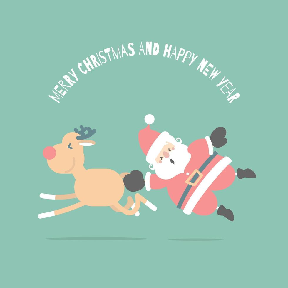 merry christmas and happy new year with cute santa claus and reindeer in the winter season, flat vector illustration cartoon character costume design
