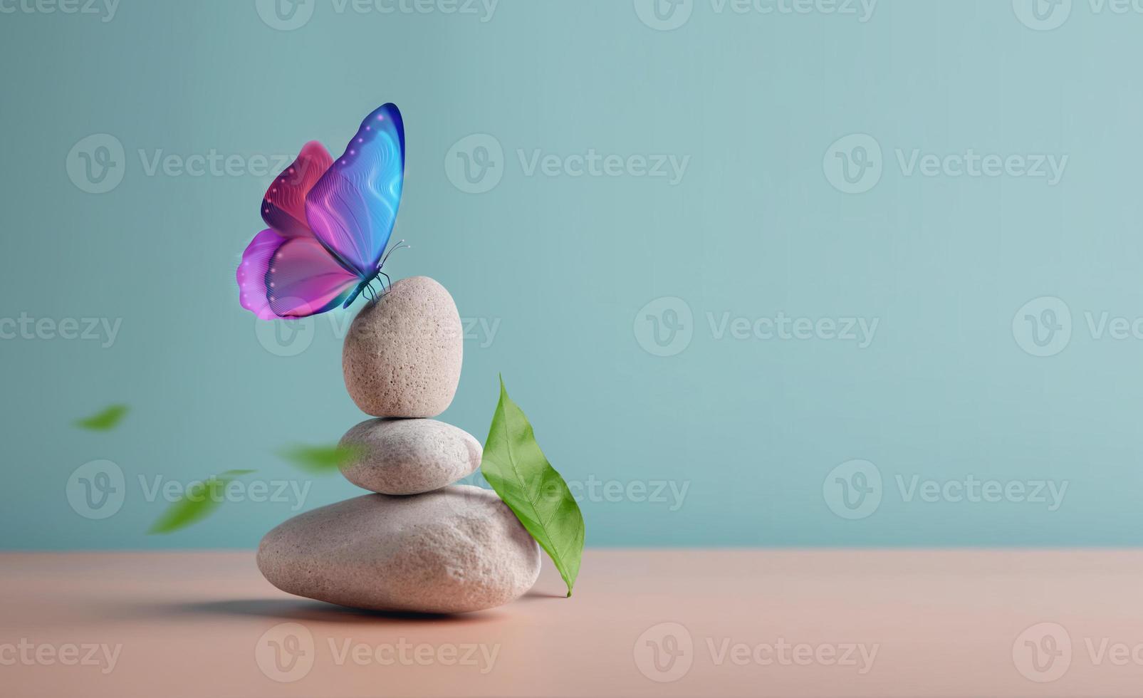Harmony of Life Concept. Surrealist Butterfly on the Pebble Stone Stack. Metaphor of Balancing Nature and Technology. Calm, Mind, Life Relaxing and Living by Nature photo