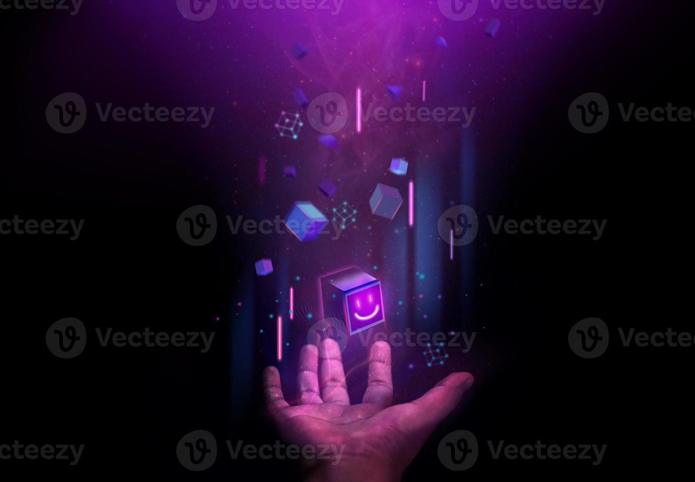 Web3, Blockchain Technology Concepts. Hand Levitating a Digital Smiling Box Icon and many Futuristic Graphic to Connecting the Universe. Space Elements from Nasa photo