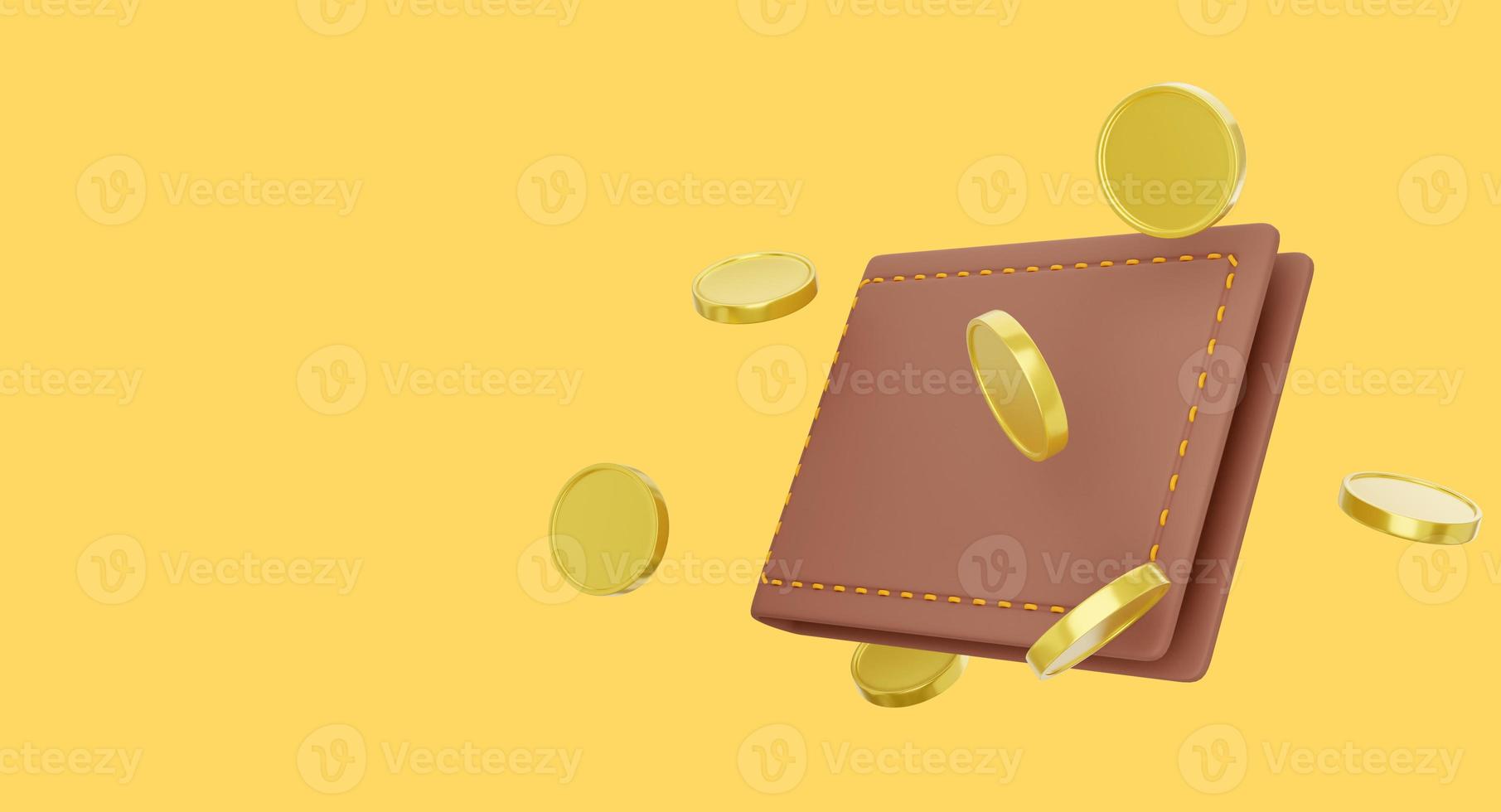 Payment concept. Closed wallet with coins flying on yellow background, space for text banner. Savings, enrichment icon. 3d rendering. photo