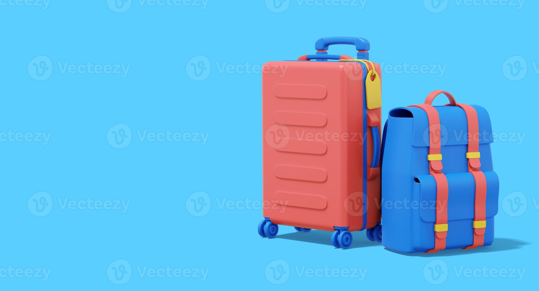 3d rendering. Multicolored suitcase and tourist backpack on blue background with space for text. photo