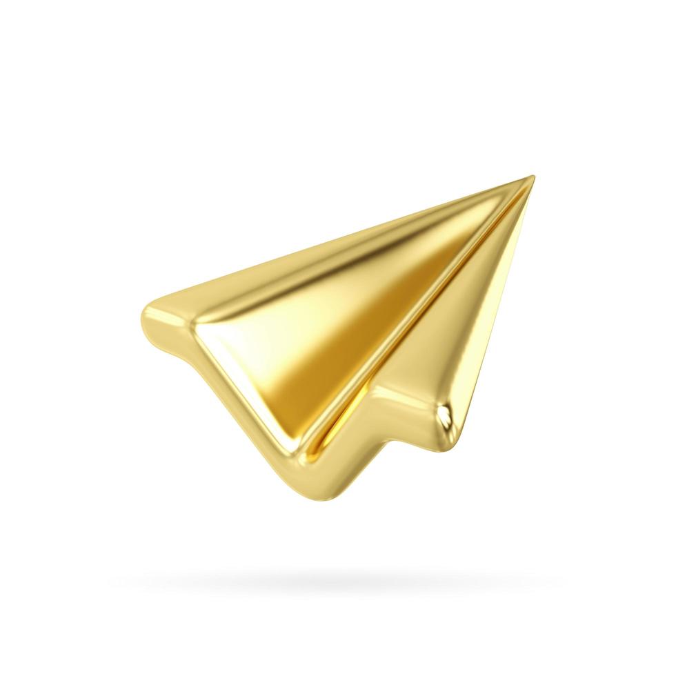 avión de papel dorado 3d. enviar correo electrónico o concepto de mensaje. redes sociales en línea. ilustración de diseño realista aislada sobre fondo blanco. icono de envío 3d representación 3d foto