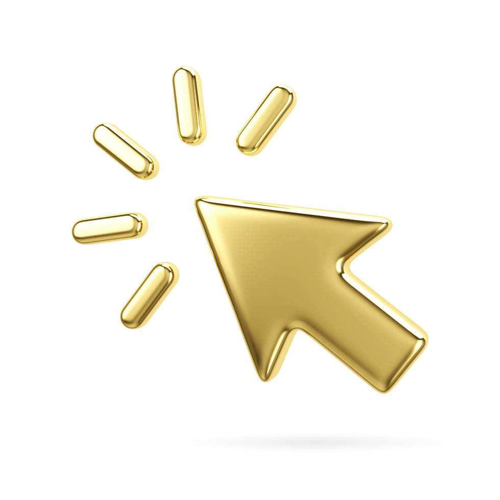 Gold volumetric web arrow. Mouse cursor for website. 3d cursor for web design. Corrector of right direction to goal. 3d rendering photo