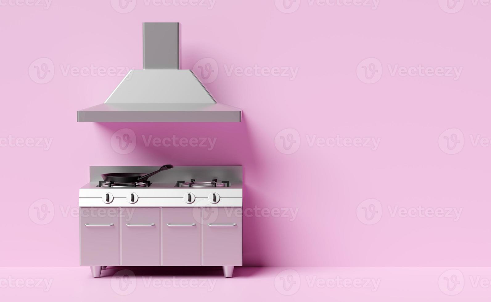 3d restaurant kitchen with gas stove, cooker hood isolated on pink background. modern industrial kitchen with equipment concept, 3d render illustration, clipping path photo