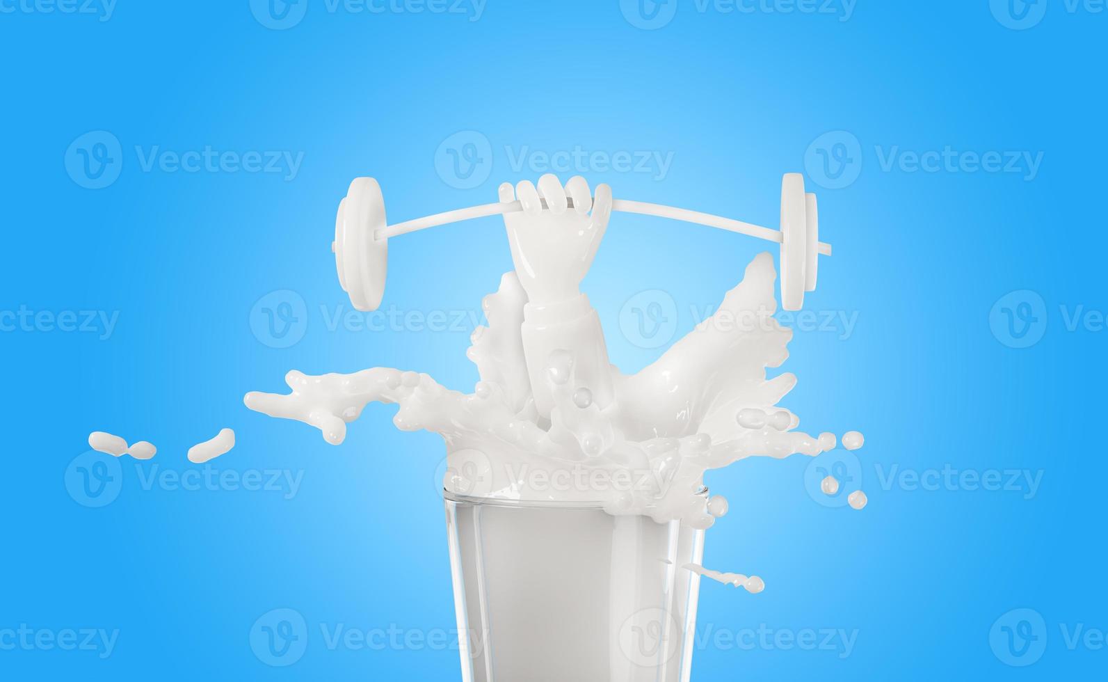 3d milk or yogurt ripple splash in the glass with hands holding barbells isolated on blue background. 3d render illustration, include clipping path photo