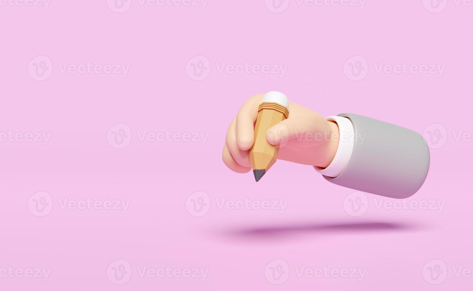 3d businessman hand holding pencil isolated on pink background. concept 3d render illustration, clipping path photo