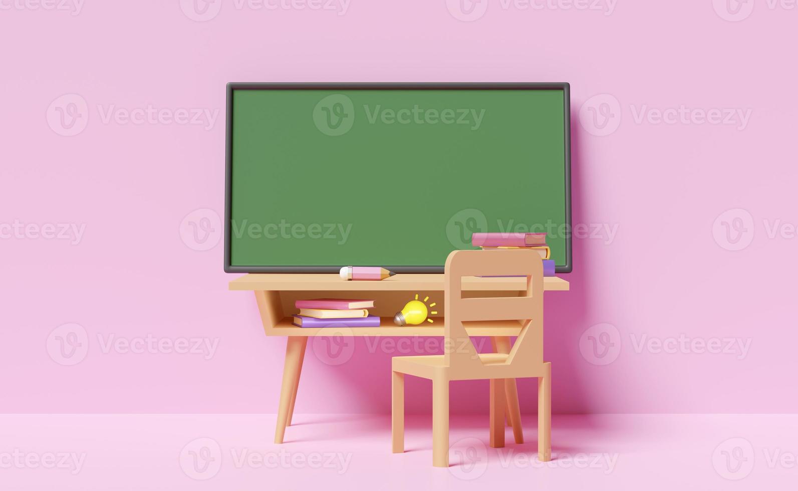 3d green blackboard template with wooden school desk cartoon, chair, light bulb, book isolated on pink background. 3d render illustration, clipping path photo