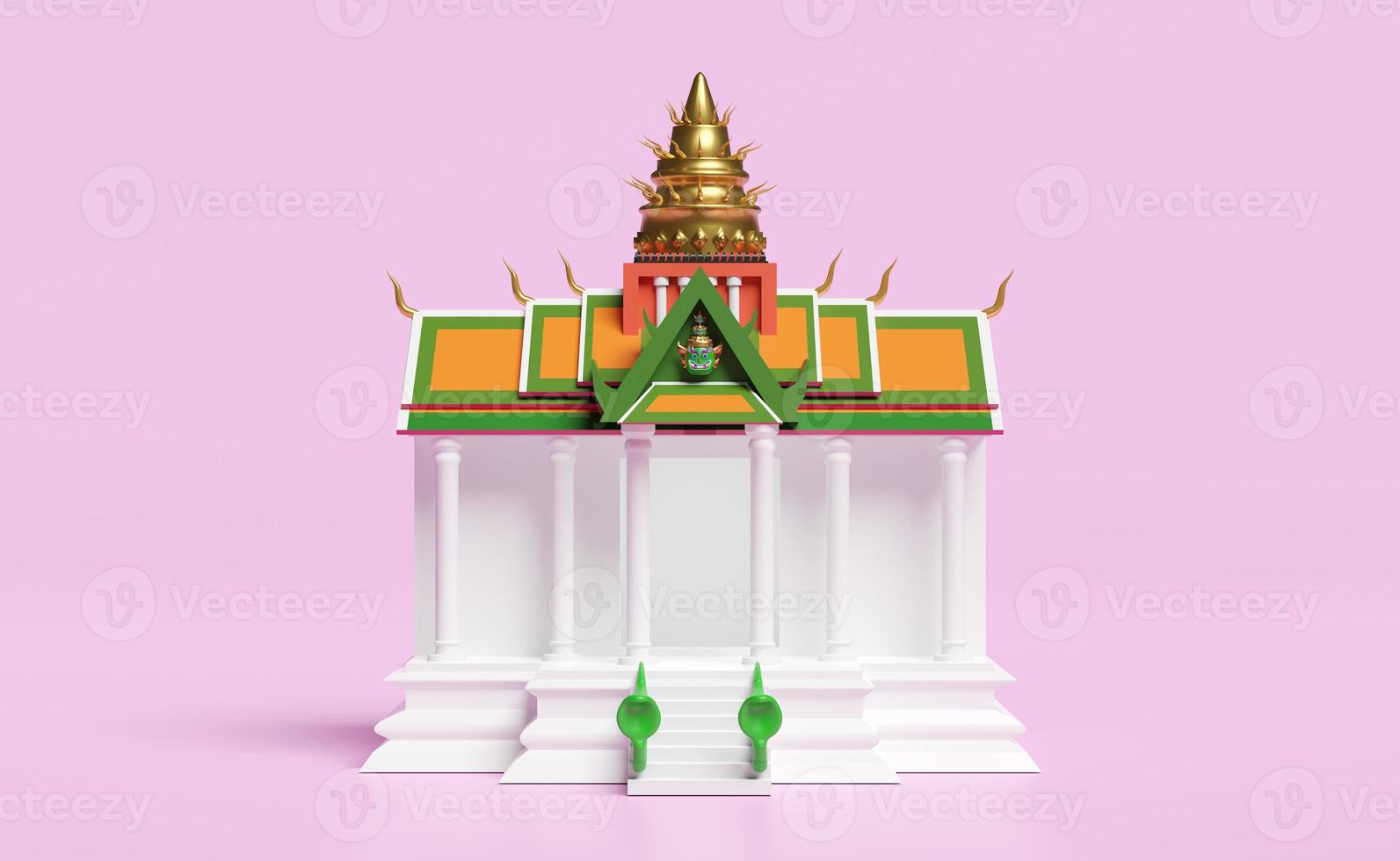 3d thai temple, castle with giant head and snake isolated on pink background. 3d render illustration, clipping path photo