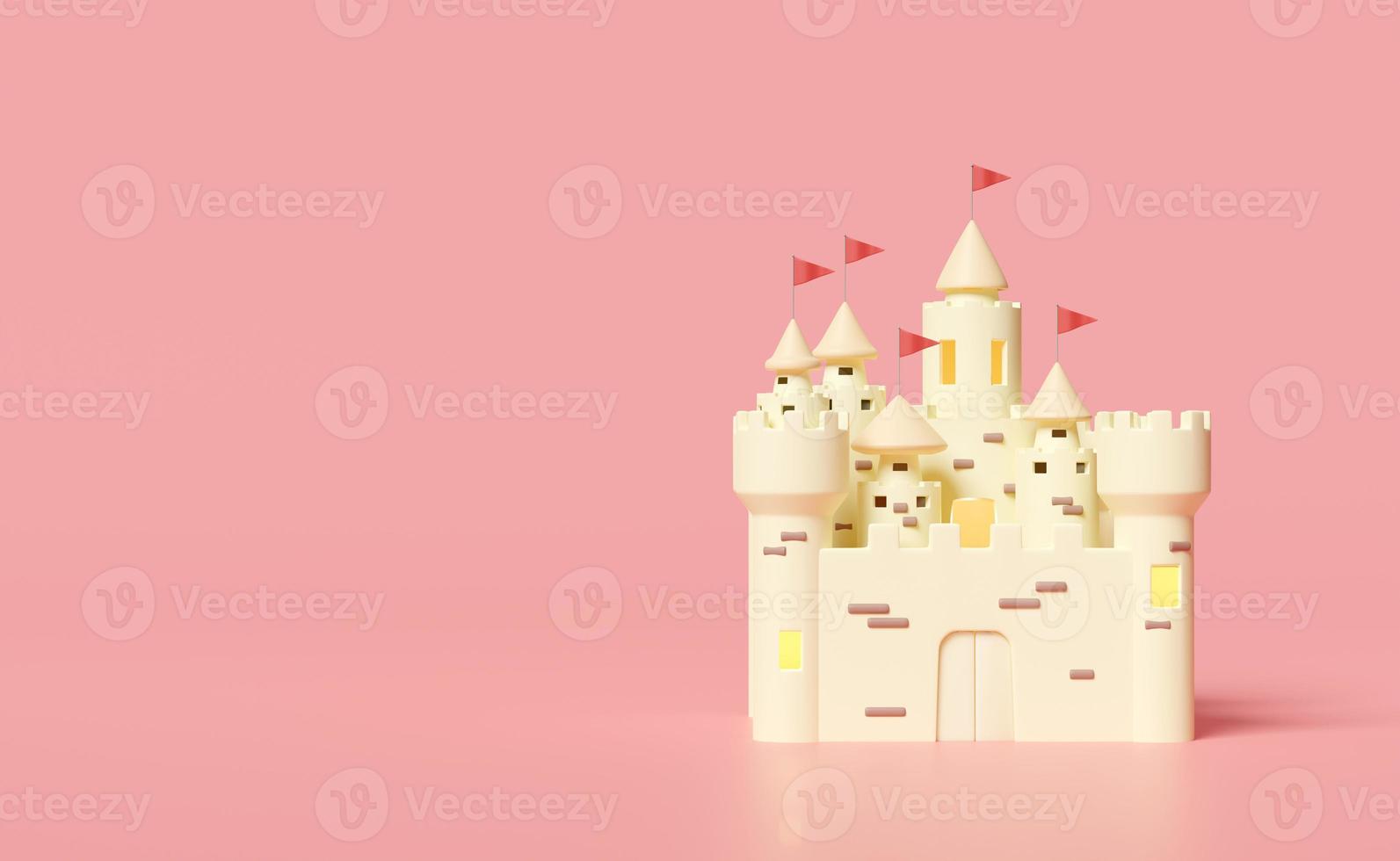 3d sand castle with towers, fort, gates and flags isolated on pink background. summer vacation concept, 3d render illustration, clipping path photo